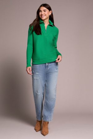 Soft Zip-Up V-Neck Sweater-Fieldgreen