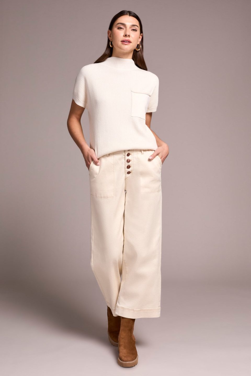 Sophia Curvy Button Fly Wide Leg Crop Jeans-Ecru