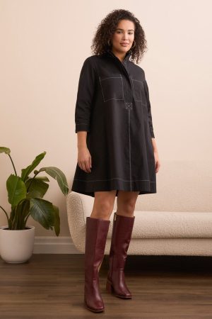 Stretch Poplin Button-Front Shirt Dress-Black