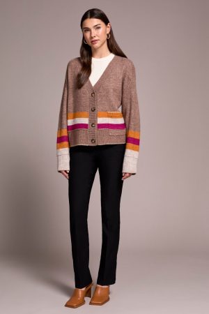 Stripe Long-Sleeve Sweater Cardigan With Pockets-Mocha