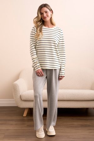 Stripe Scuba Knit Button-Sleeve Crew Neck Top-Moonstone