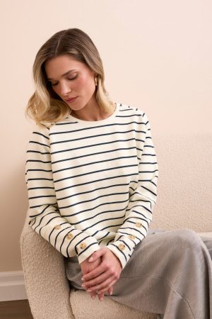 Stripe Scuba Knit Button-Sleeve Crew Neck Top-Moonstone