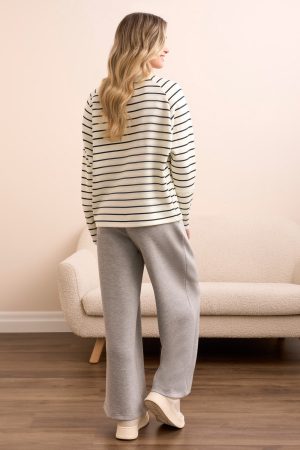 Stripe Scuba Knit Button-Sleeve Crew Neck Top-Moonstone