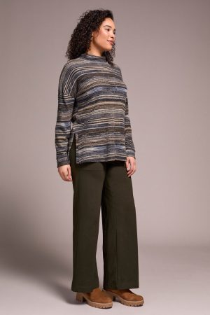 Striped Mock Neck Top With Side Slits-Marine