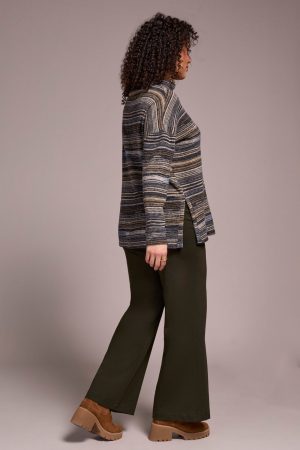 Striped Mock Neck Top With Side Slits-Marine