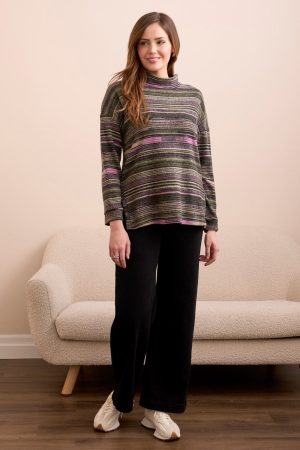 Striped Mock Neck Top With Side Slits-Pink flambe