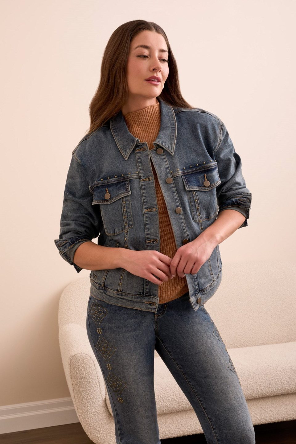 Stud-Accent Girlfriend Denim Jacket-Vintage