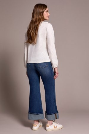 Tassel-Accent Split Neck Top-Cream