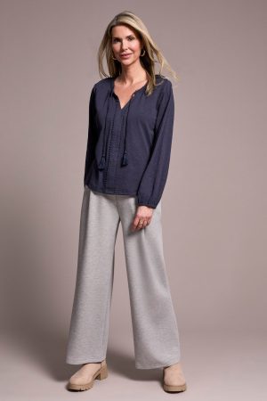 Tassel-Accent Split Neck Top-Sapphire
