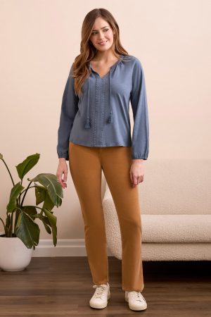 Tassel-Accent Split Neck Top-Slateblue