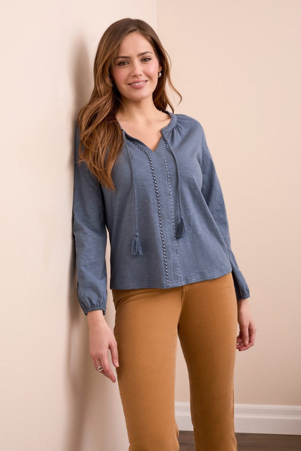 Tassel-Accent Split Neck Top-Slateblue