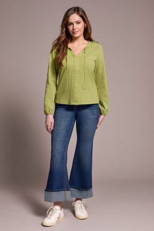 Tassel-Accent Split Neck Top-Wasabi