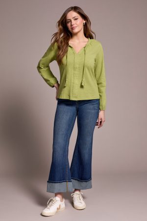 Tassel-Accent Split Neck Top-Wasabi