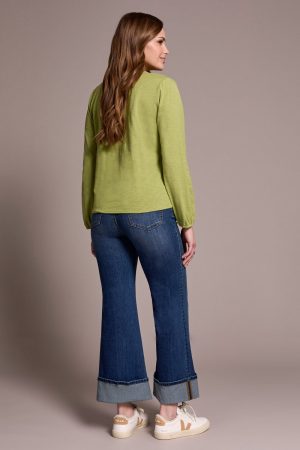 Tassel-Accent Split Neck Top-Wasabi