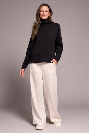 Techno Lux Drop Shoulder Funnel Neck Knit Top-Black