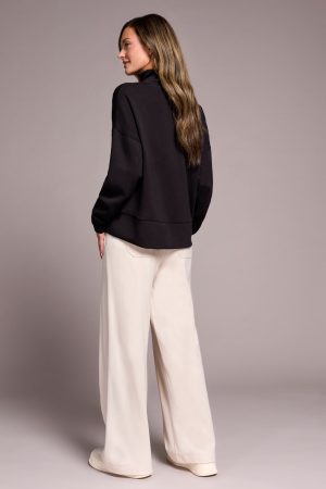 Techno Lux Drop Shoulder Funnel Neck Knit Top-Black