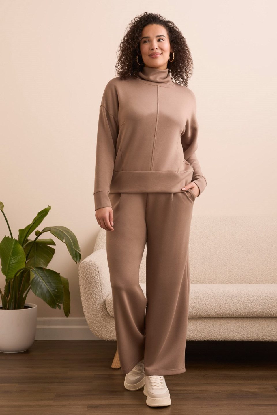 Techno Lux Drop Shoulder Funnel Neck Knit Top-Fossil