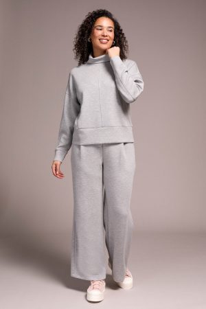 Techno Lux Drop Shoulder Funnel Neck Knit Top-Lt grey mix