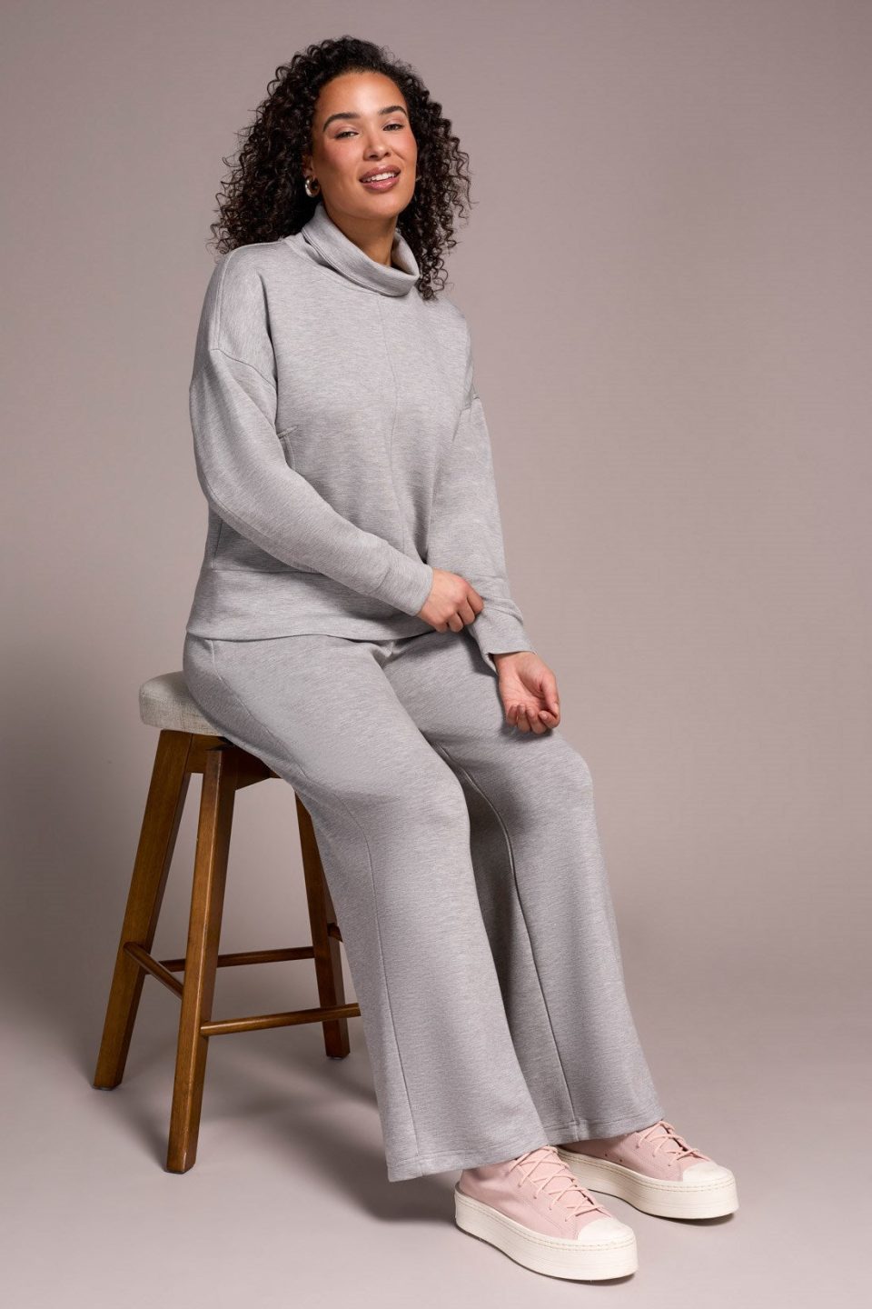 Techno Lux Drop Shoulder Funnel Neck Knit Top-Lt grey mix