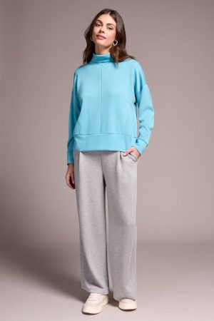 Techno Lux Drop Shoulder Funnel Neck Knit Top-Mistblue