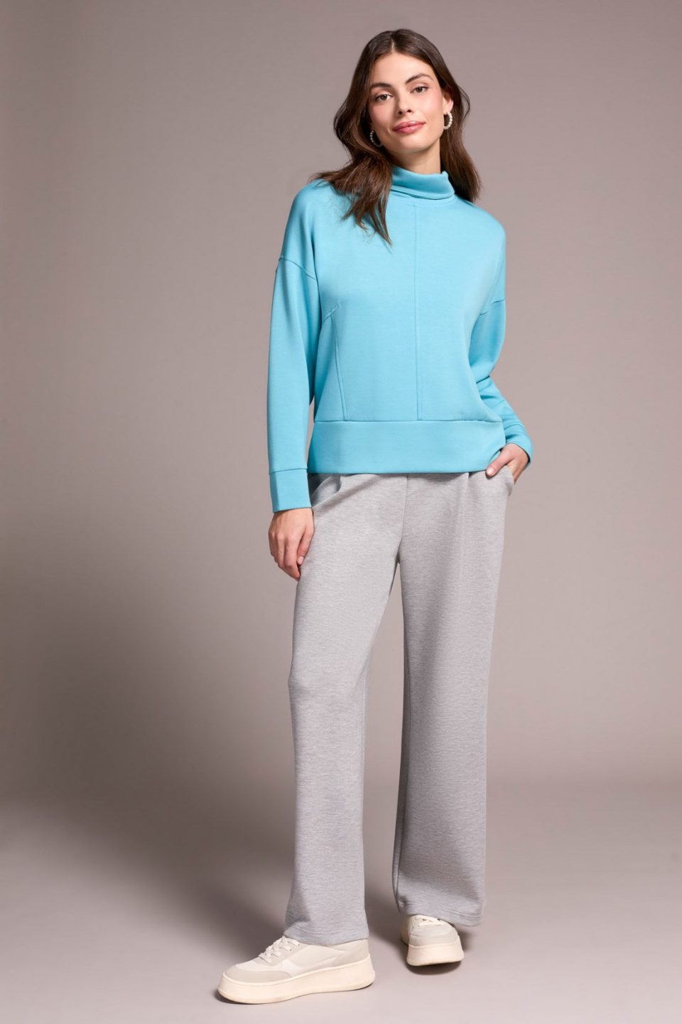 Techno Lux Drop Shoulder Funnel Neck Knit Top-Mistblue