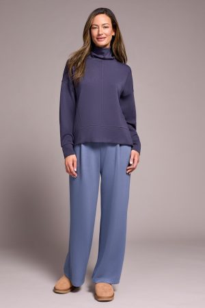 Techno Lux Drop Shoulder Funnel Neck Knit Top-Sapphire