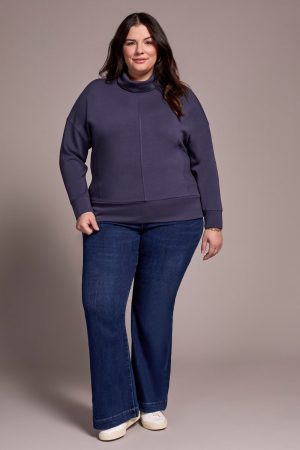 Techno Lux Drop Shoulder Funnel Neck Knit Top-Sapphire