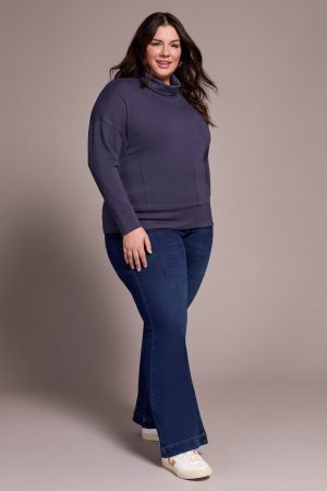 Techno Lux Drop Shoulder Funnel Neck Knit Top-Sapphire