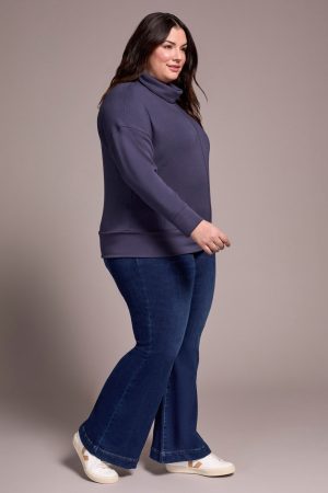 Techno Lux Drop Shoulder Funnel Neck Knit Top-Sapphire