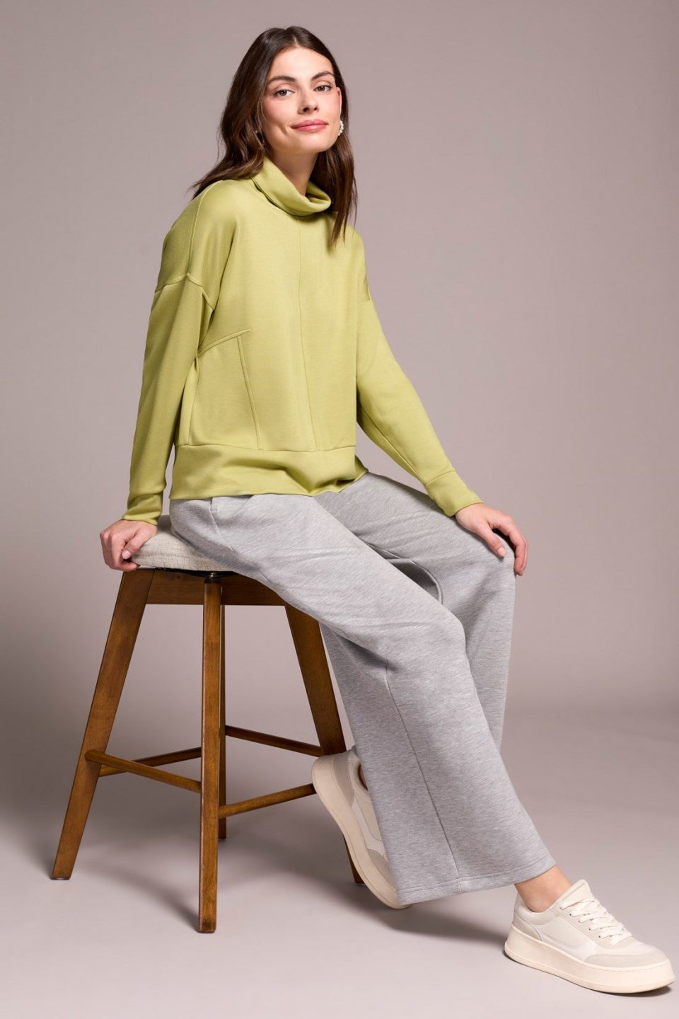 Techno Lux Drop Shoulder Funnel Neck Knit Top-Wasabi
