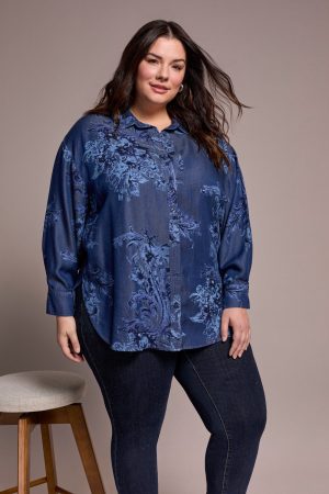 Tencel Printed Button-Up Chambray Blouse-Dkchambray
