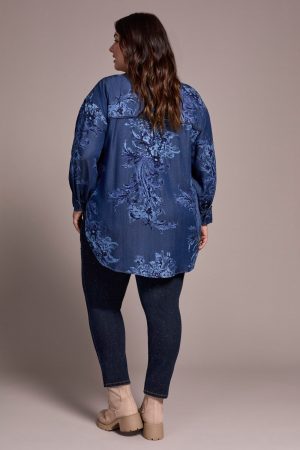 Tencel Printed Button-Up Chambray Blouse-Dkchambray