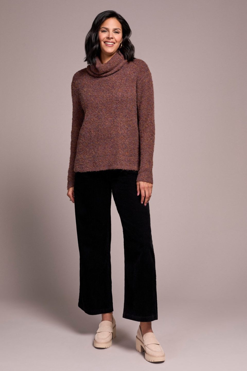 Textured Boucle Cowl Neck Sweater-M dk toffee