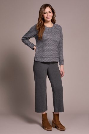 Textured Knit Crew Neck Raglan Sleeve Knit Top-Charcoal