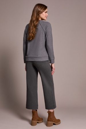 Textured Knit Crew Neck Raglan Sleeve Knit Top-Charcoal