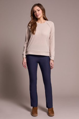 Textured Knit Crew Neck Raglan Sleeve Knit Top-Sandstone