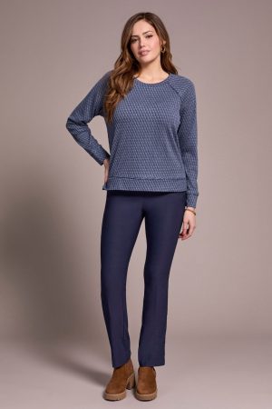 Textured Knit Crew Neck Raglan Sleeve Knit Top-Sapphire