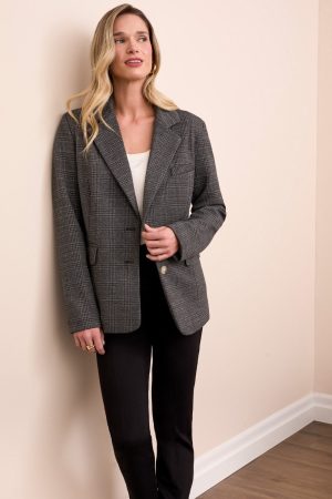 Textured Knit Roll-Sleeve Lined Blazer-Black
