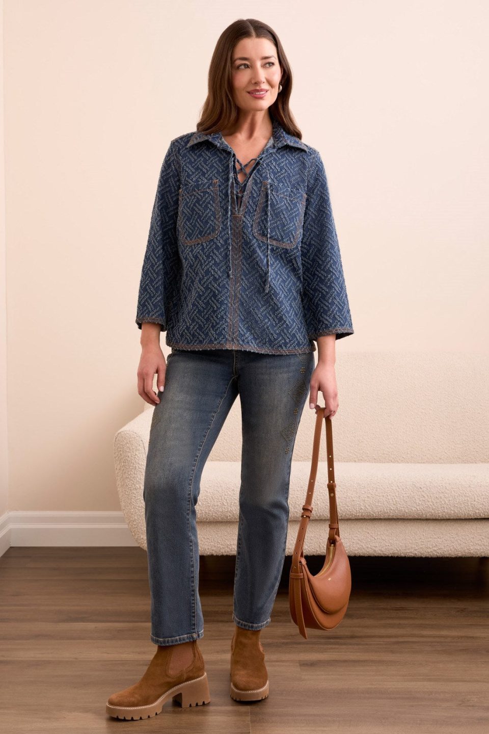 Textured Lightweight Denim 3/4 Sleeve Pop-Over Shirt-Dkchambray