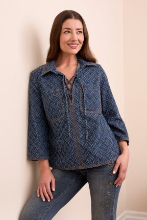 Textured Lightweight Denim 3/4 Sleeve Pop-Over Shirt-Dkchambray