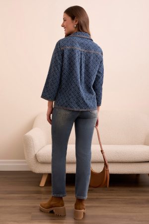 Textured Lightweight Denim 3/4 Sleeve Pop-Over Shirt-Dkchambray
