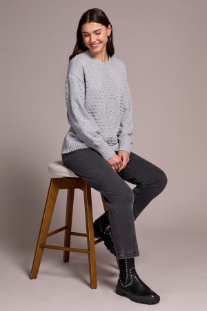 Textured Long Puff Sleeve Cotton Sweater-Grey mix