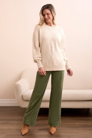 Textured Long Puff Sleeve Cotton Sweater-Moonstone