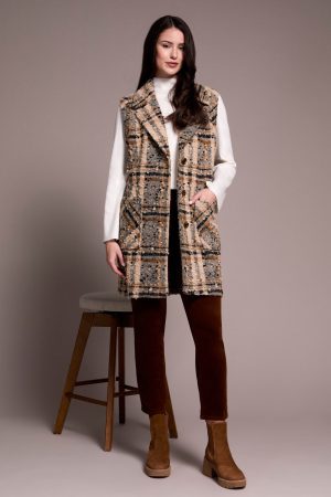 Textured Plaid Wide Notch Collar Long Vest-Sandstone