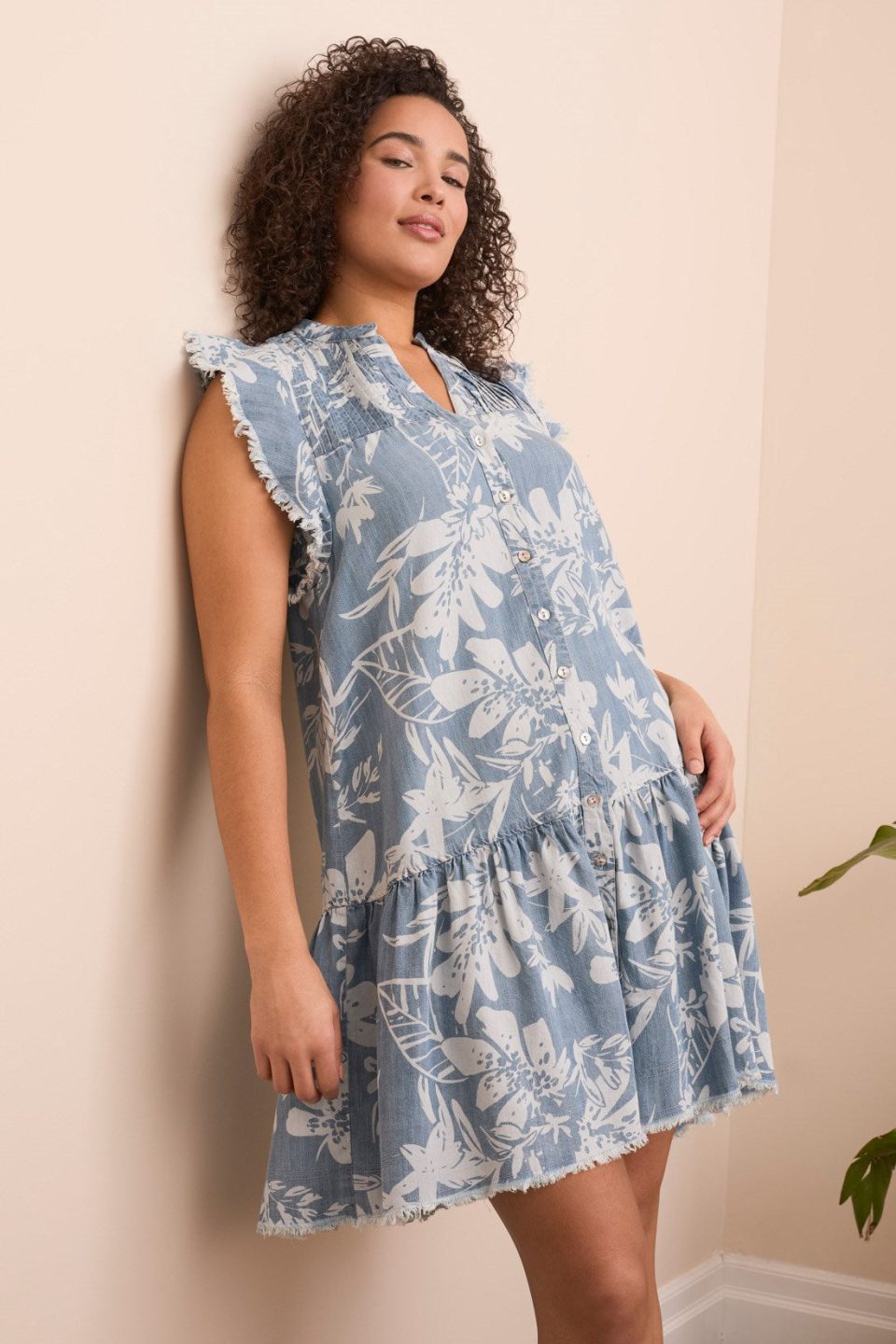 Tencel Floral Print Button-Front Dress-Lt. blue