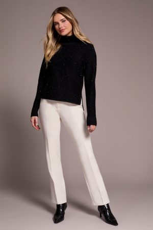 Shimmer Knit Drop Shoulder Turtleneck Sweater-Cream-Black
