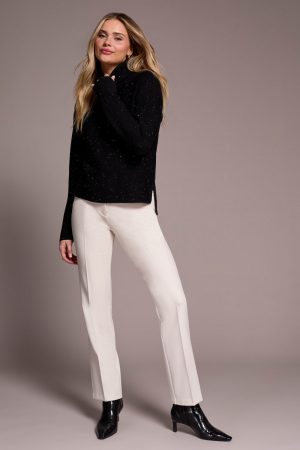 Shimmer Knit Drop Shoulder Turtleneck Sweater-Cream-Black