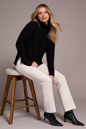 Shimmer Knit Drop Shoulder Turtleneck Sweater-Cream-Black