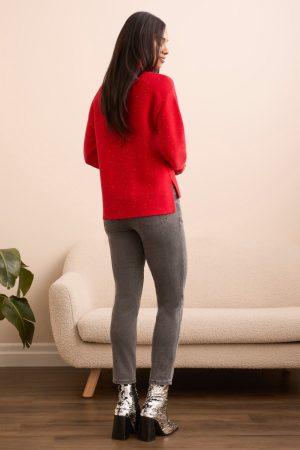 Shimmer Knit Drop Shoulder Turtleneck Sweater-Carmine