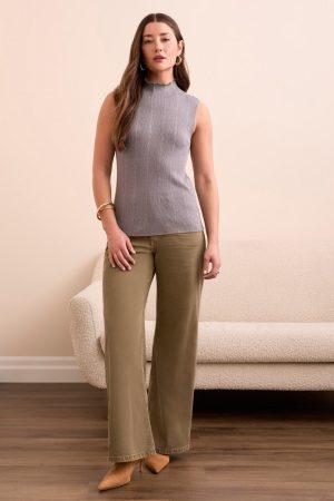 Textured Sleeveless Mock Neck Top-Grey mix